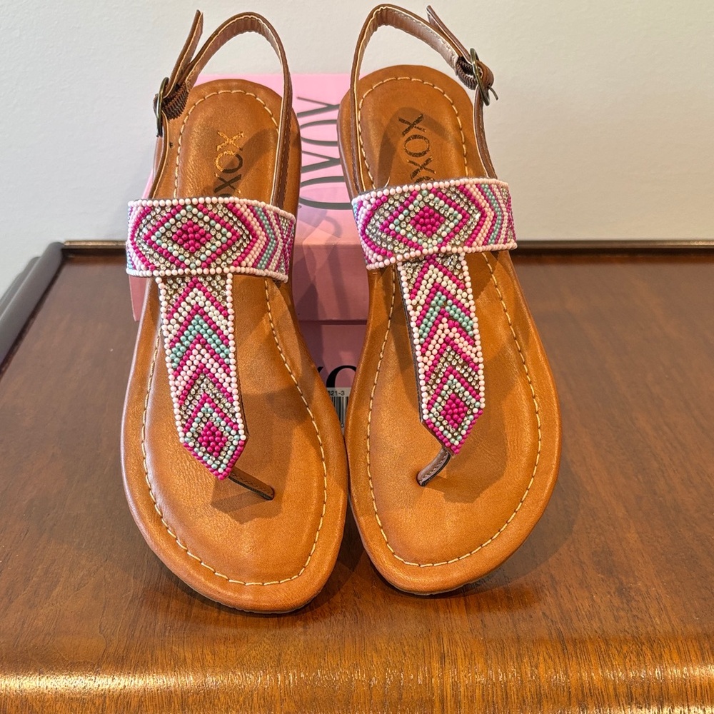 XOXO Women's Sandals - Pink and Tan Beaded Design